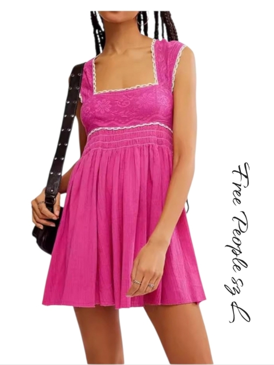 Free People Dresses & Skirts - Free People Heartland Mini Dress Pink Lace Babydoll Boho sz L NWT